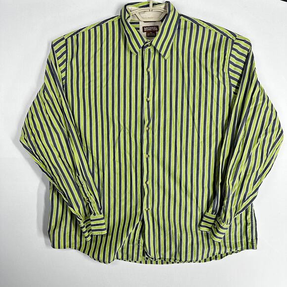 Michael Kors Button Up Shirt 2XL Green Blue White Striped 100% Cotton Retro Y2K - Picture 1 of 8